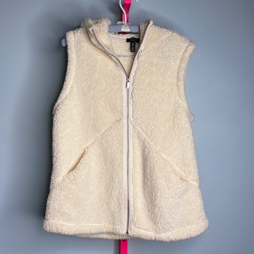 Jones New York Cream Sherpa Fleece Hooded Zip Vest size medium